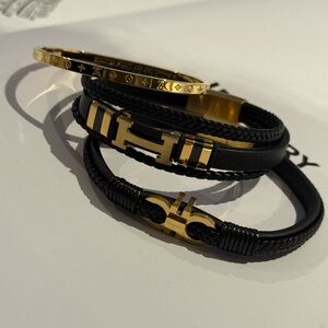 Black and Gold Leather Bracelet Set